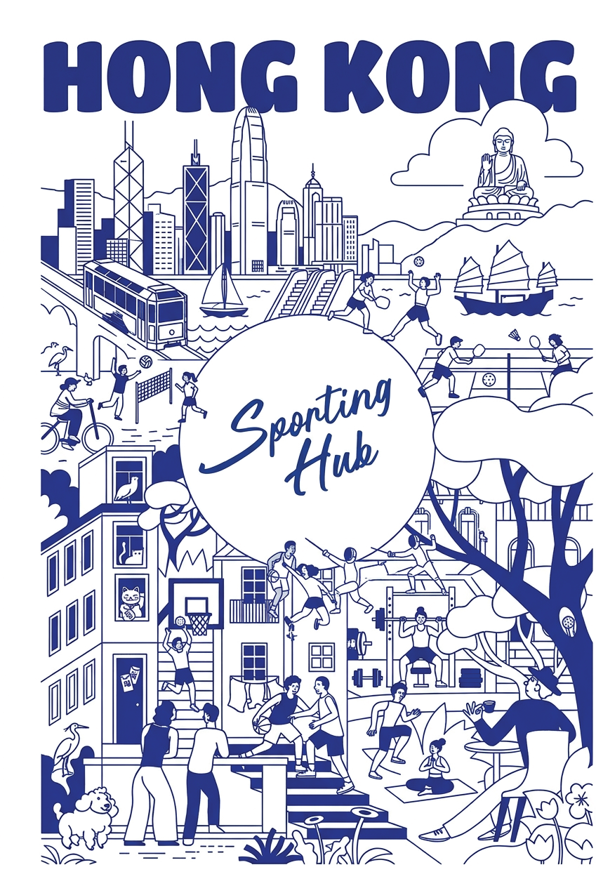 Line illustration of Hong Kong landmarks and people playing sports, with the Sporting Hub script badge at centre